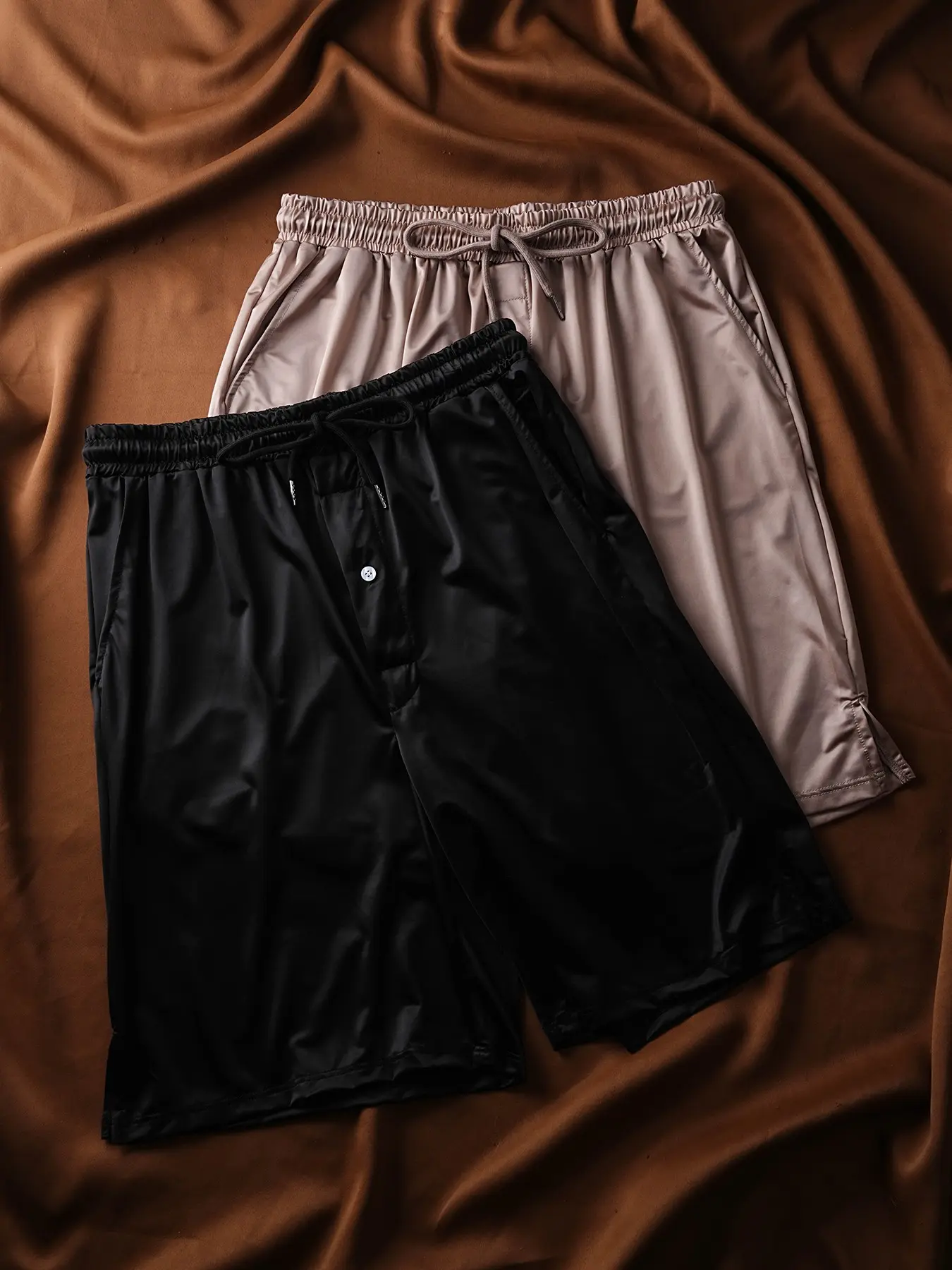 2 Pcs Biweier Luxury Satin Casual Sleep Pants Loungewear Nightwear, Ice Silk Breathable Comfort, Drawstring Pocket Shorts, Ideal for Home and Vacation, Men's Gift