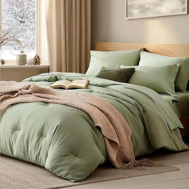 King Solid Comforter Set, 7-Piece Sage Green Bed-in-a-Bag Bedding Set, Soft Prewashed All-Season Comforter with Sheets, Pillowcases & Shams, Comforter Set King