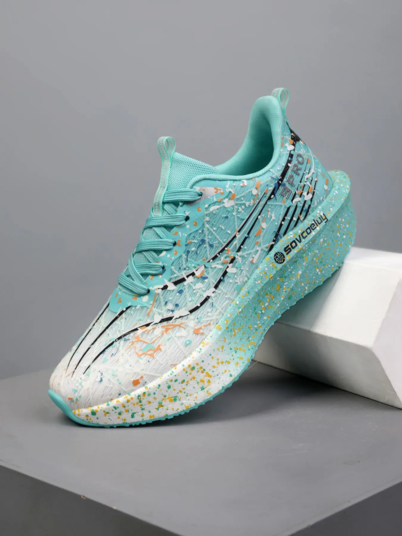High Rebound Carbon Plate Marathon Training Shoes, Gradient Splash Ink Print, Non Slip, Thick Cushion, Outdoor Jogging Sneakers, Cushion Running Sneakers