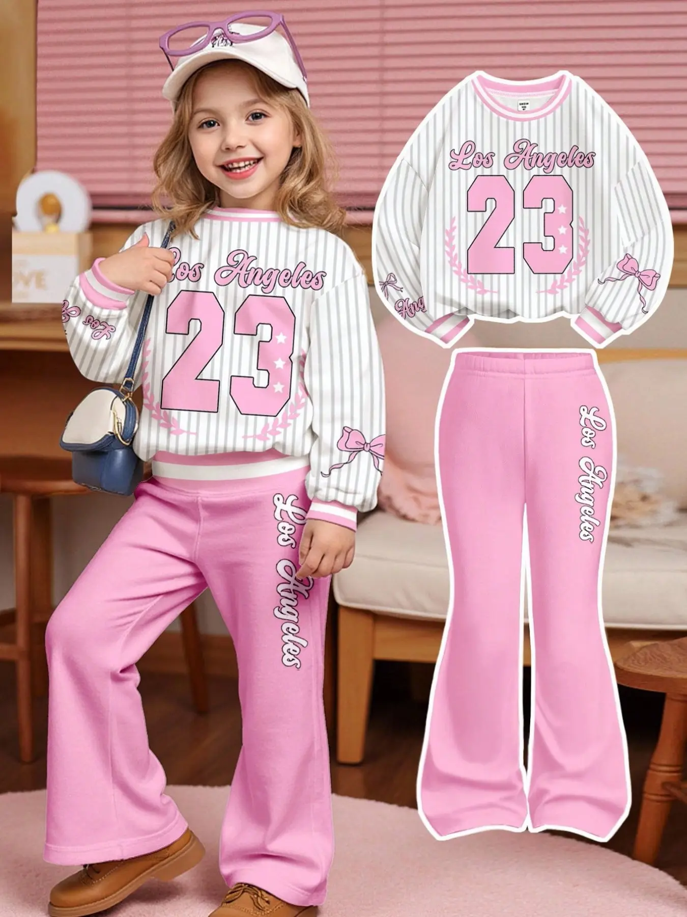 Girls' Striped Sweatshirt and Bell Bottoms Set, Sweet Cool Style, Vertical Stripes, Butterfly Print, Casual Daily Wear