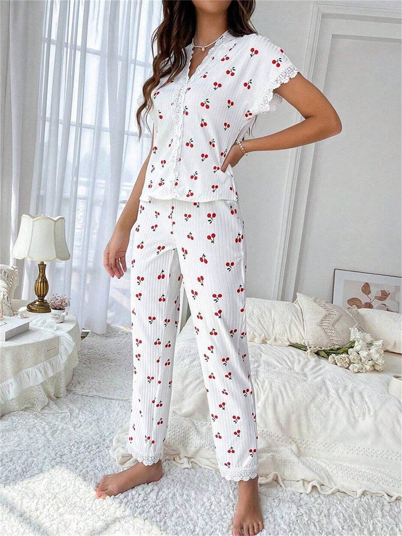 Cherry Print Short-Sleeve Collared Pajama Set for Women Oversized Style with Matching Pants