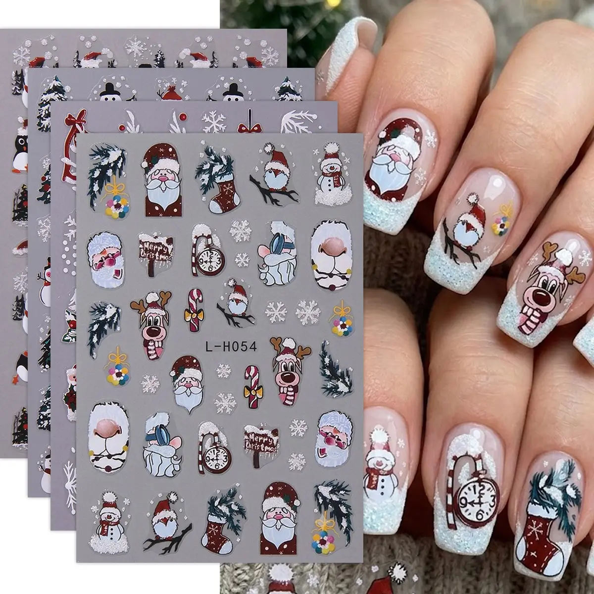 4 Sheets Christmas Glitter Snowflake Nail Stickers, 3D Cartoon Santa Claus, Tree, Penguin, Snowman Designs Nail Decals, DIY Nail Art Decorations