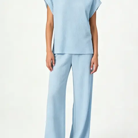 Summer New Plain Round Neck Drop Shoulder Sleeve Wide Leg Pants Casual Set, Textured Loose Slim Fit Sleeveless Two-Piece, Lazy and Elegant Style Clothes