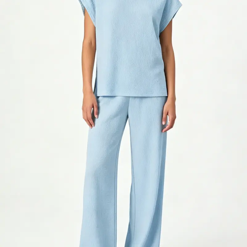 Summer New Plain Round Neck Drop Shoulder Sleeve Wide Leg Pants Casual Set, Textured Loose Slim Fit Sleeveless Two-Piece, Lazy and Elegant Style Clothes