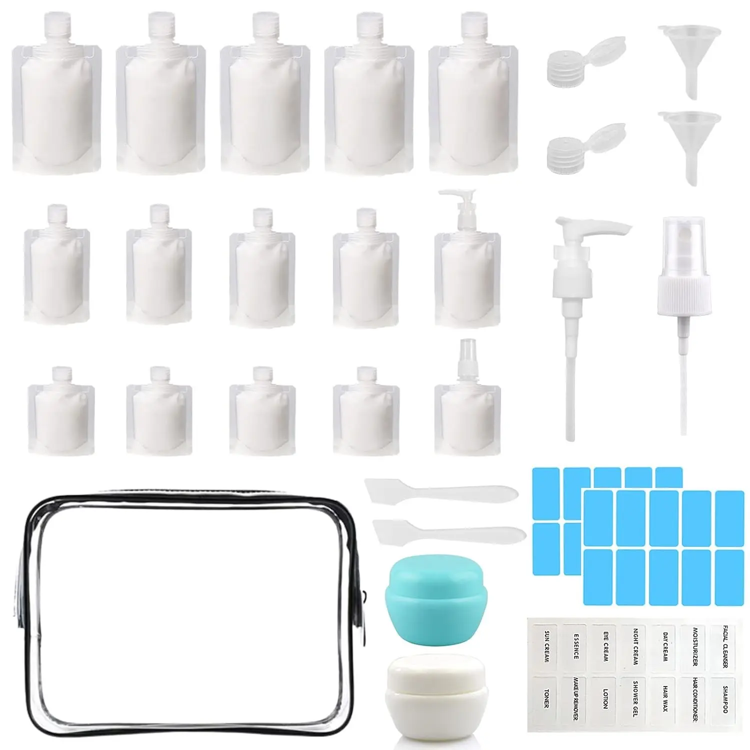 29 PCS Travel Size Refillable Empty Squeeze Pouch TSA Approved Travel Pouches for Toiletries Liquid Travel Containers Leak Proof Portable Travel Fluid Makeup Packing Bag for Cosmetics 30/50/100mlGift