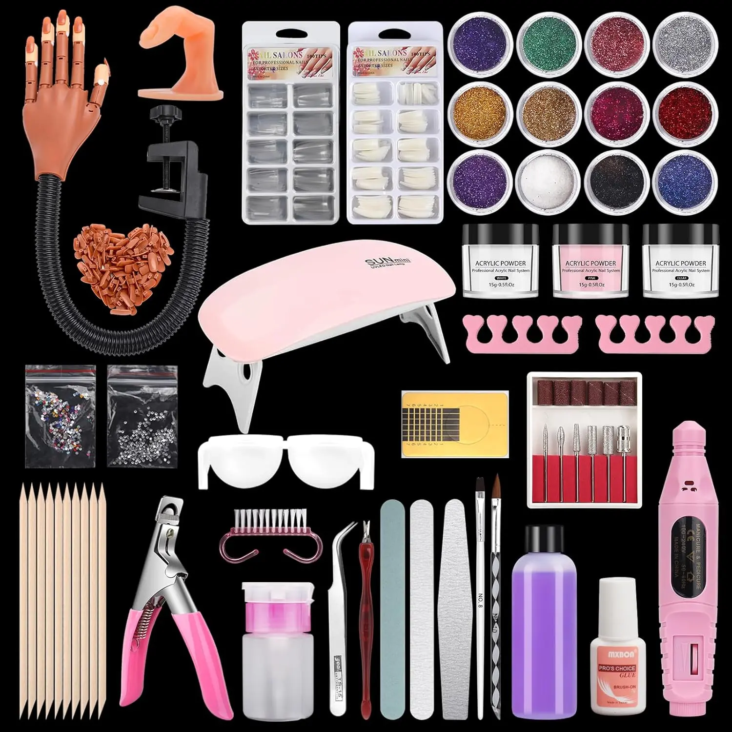 Nail Practice Hand for Acrylic Nails, Flexible Practice Nail Hand Training Kits, Movable Fake Nail Hand to Practice Fake Nails with Nail Drill, Nail Dryer Lamp, 12 Colors Acrylic Powder Beginners Kit