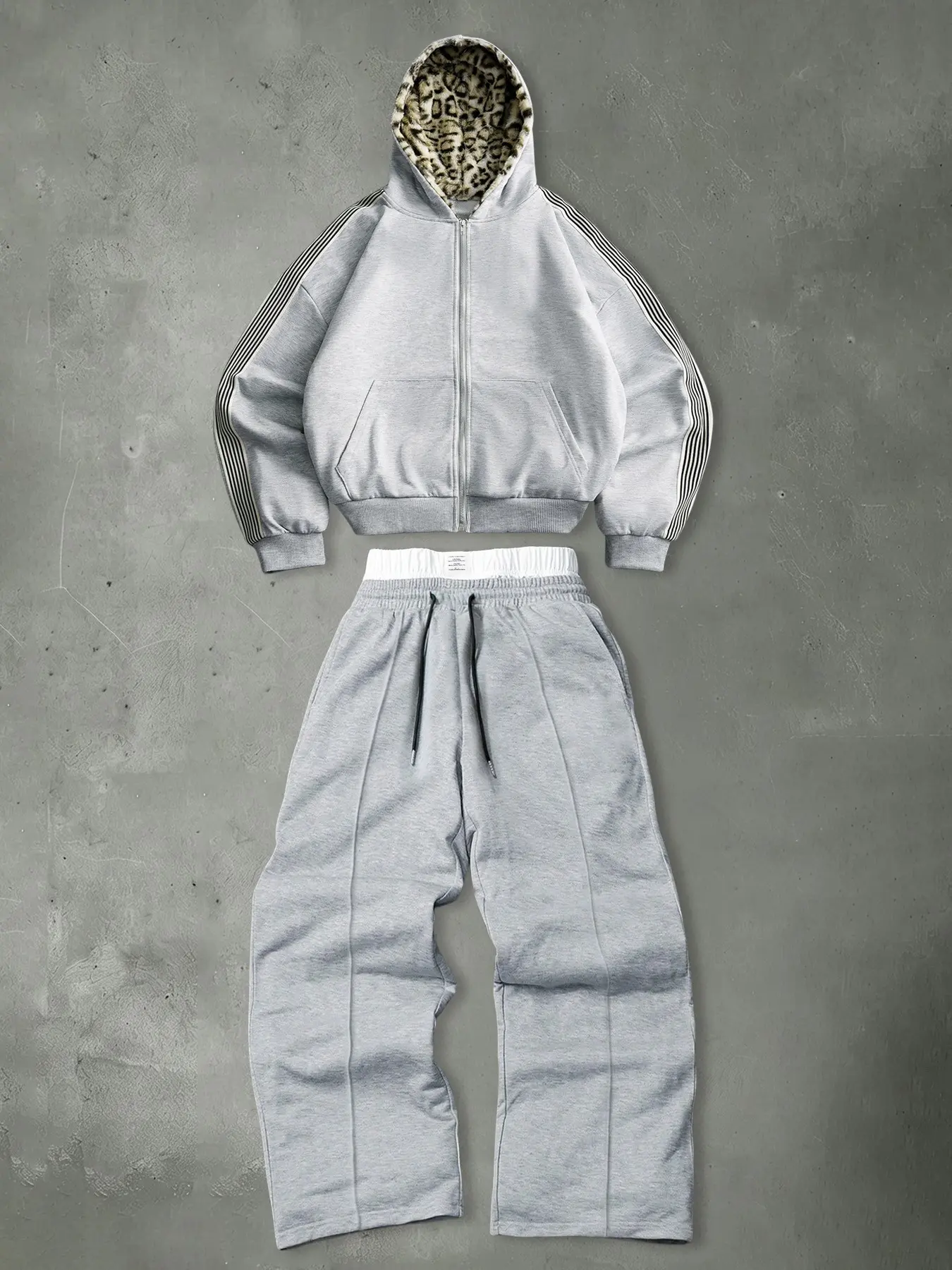 Men's hooded cardigan sweatshirt: striped hooded zip-up wide-leg pants two-piece casual wear, men's loose casual wear.