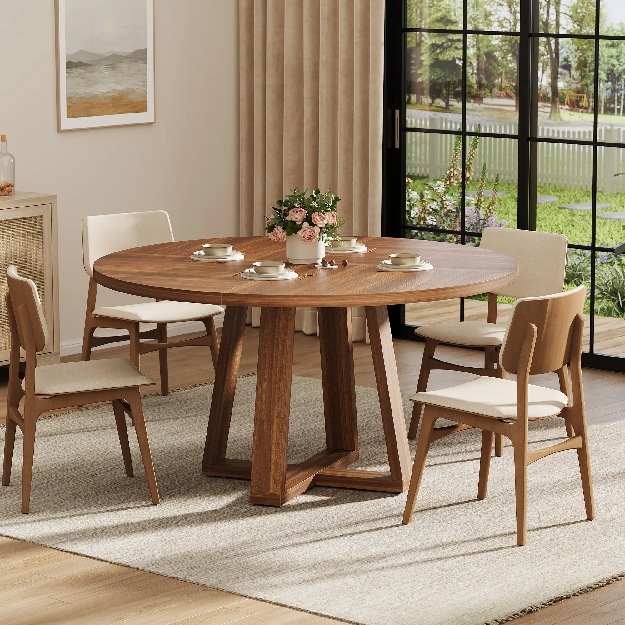 47 Inch Modern Farmhouse Round Wooden Dining Table for 4-6 People, Space Saving Kitchen Dining Table with Sturdy Wooden Cross Base, Walnut Finish Single Table Only for Apartment Living Room