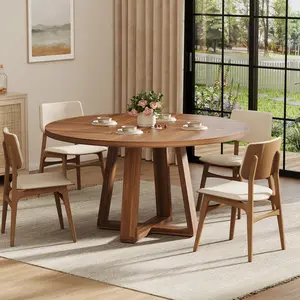 47 Inch Modern Farmhouse Round Wooden Dining Table for 4-6 People, Space Saving Kitchen Dining Table with Sturdy Wooden Cross Base, Walnut Finish Single Table Only for Apartment Living Room