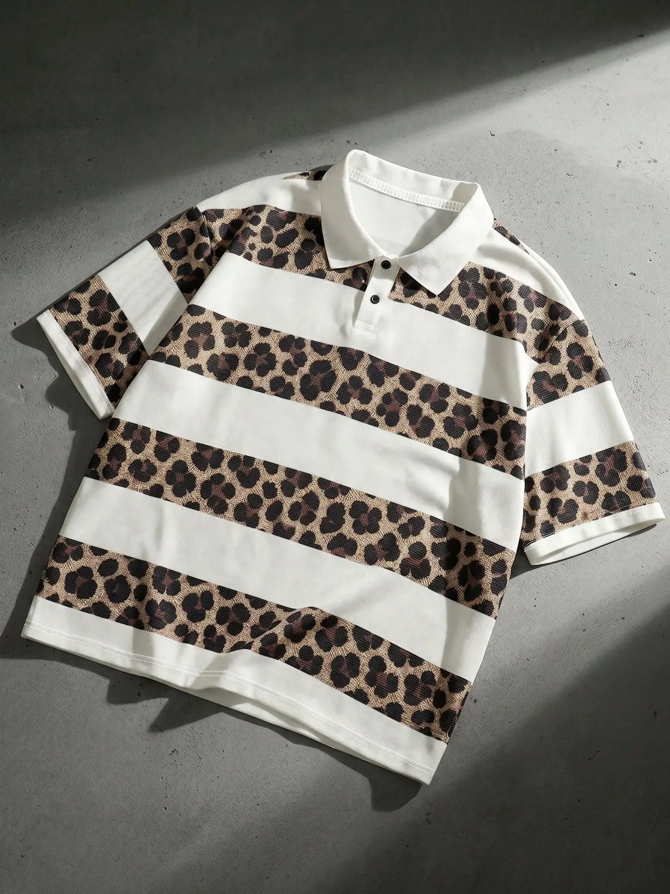 Men's Fashion Summer Retro Street Style Polo, Classic Striped and Leopard Print, Casual Slim-Fit, Unisex, Versatile Daily Wear