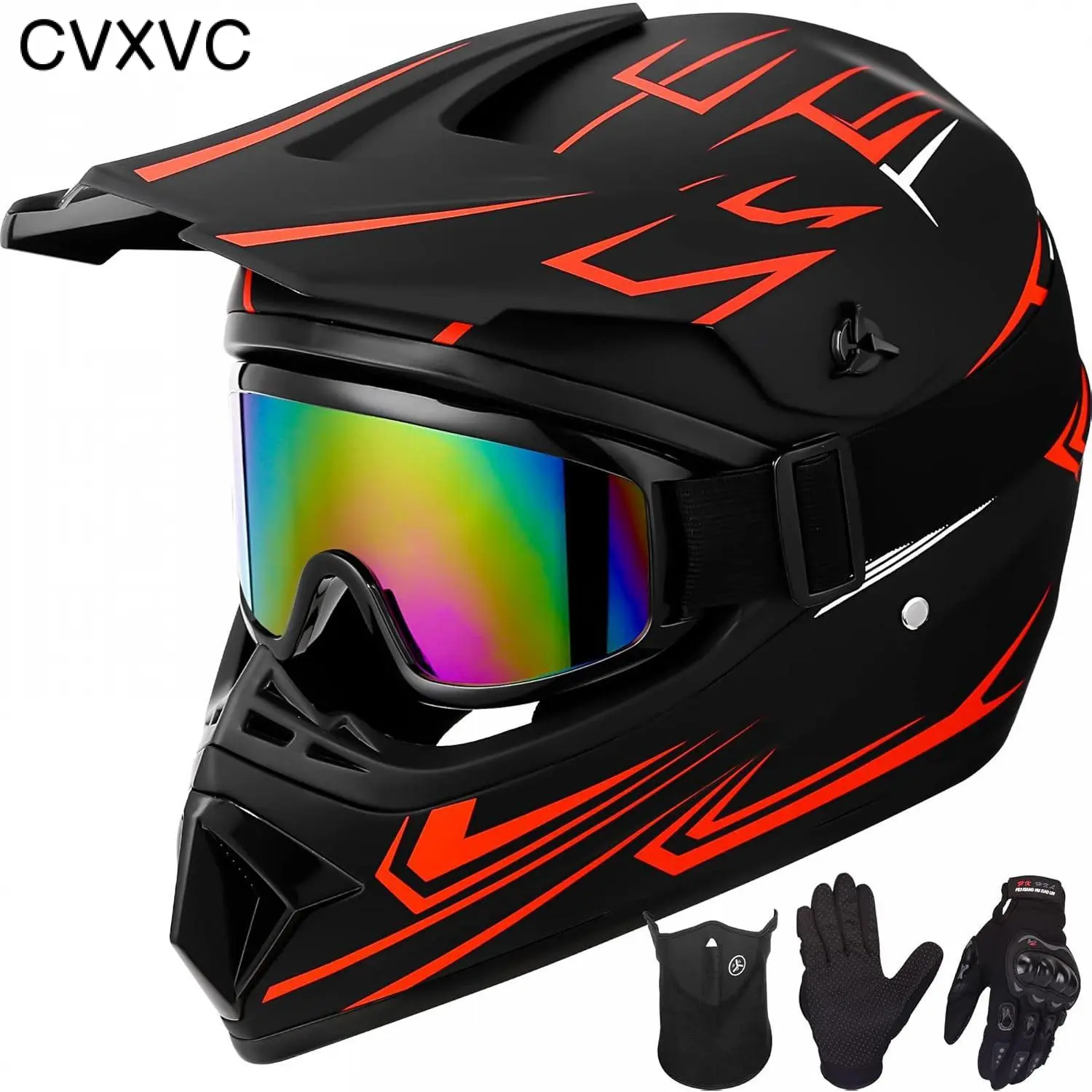 CVXVC DOT Approved Sporty Protective Gear Motocross Helmet 4Pcs Set - Youth & Adult Size (S,M,L,XL) with Gloves, Goggles, Mask - for Dirt Bike, Off-Road Mountain Bike BMX MX ATV - summerwins,summerwins
