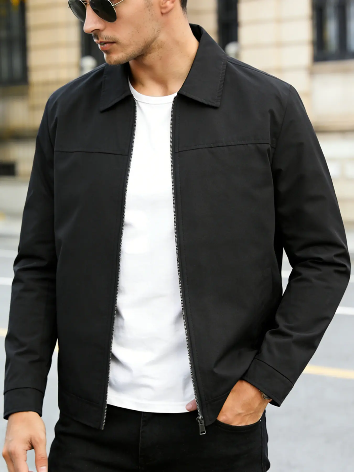Men's Casual Versatile Jacket, Tops, Zip Closure, Side Pocket Design, Lightweight Lapel Outerwear, Polyester, Spring & Fall