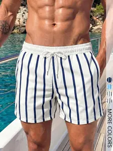 Men's White Blue Vertical Short Shorts, Elastic Waist Beach Trunks For Summer Vacation