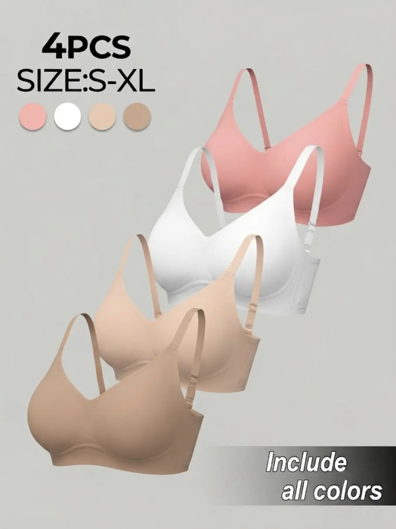 4-Pack Women's Back Buckle Seamless Bras, Adjustable Wide Straps, No Underwire, Jelly Strip Support, Soft Comfort, Daily Wear, Fit