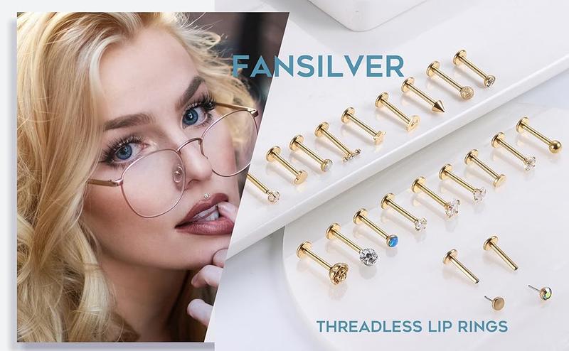 Fansilver 16G Threadless Push in Lip Rings Stainless Steel Tragus Helix Earrings Studs Nose Rings for Women Men Monroe Lip Cartilage Piercing Jewelry
