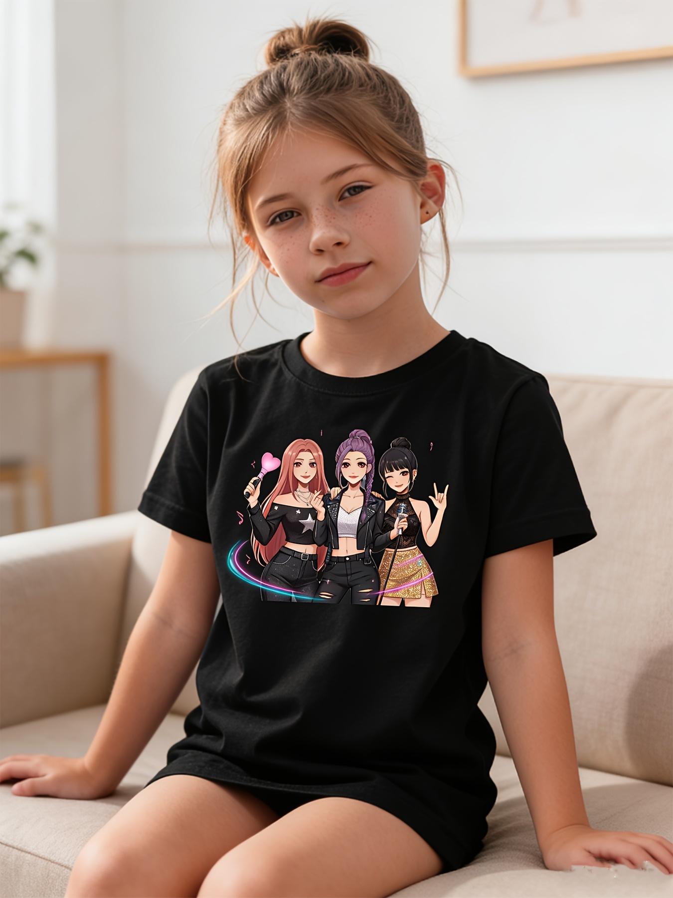 Girls' Fashion Random Print T-Shirt, Comfortable and Soft for Spring/Summer, Party and Spring/Summer T-Shirt, Vacation Holiday Gift, Fun Design, Soft Fabric T-Shirt