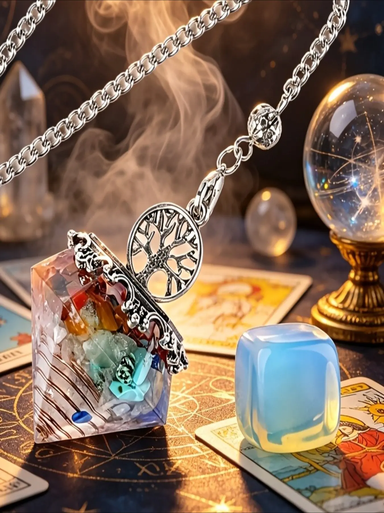 2 Pcs/Set Chakra Natural Crystal Diamond-Shaped Pendulum Pendants with Clear Quartz Cube Stones, Ideal for Sensory Balancing, Divination, Prophecy and Spiritual Exploration, Halloween Accessories, Halloween & Christmas Gifts