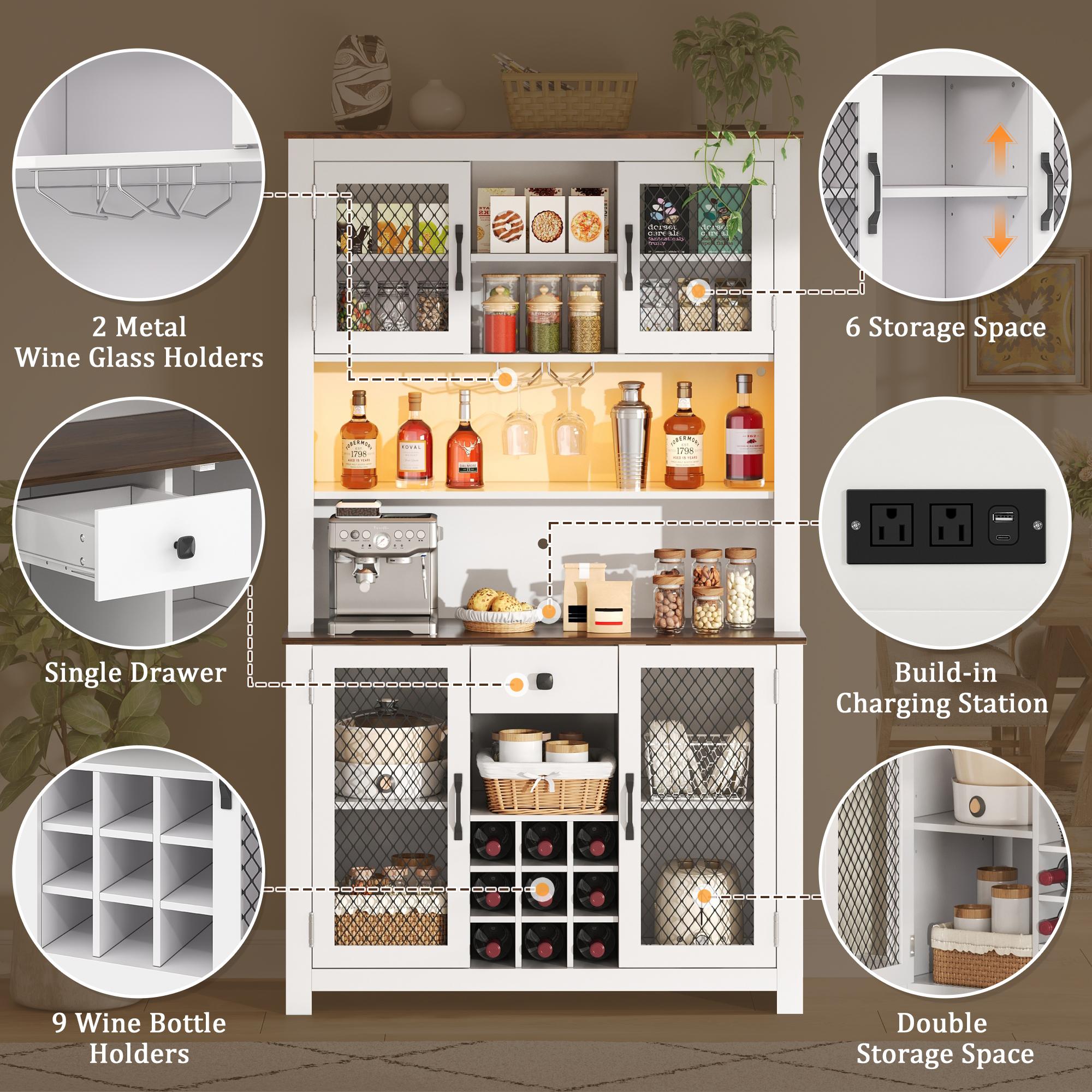 (2 package) 70.9" Kitchen Pantry Storage Cabinet Rustic Buffet Cabinet, Kitchen Hutch Cabinet With LED Outlets Food Pantry Cabinet With Doors And Shelves Wine Rack For Dining Room, White/Navy blue