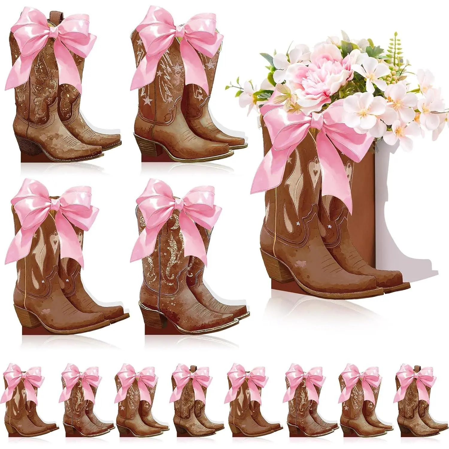 12 Set Brown Western Cowboy Boot Shaped Flower Boxes Centerpiece with Vase for Table, Birthday, Baby Shower, Wedding Supplies