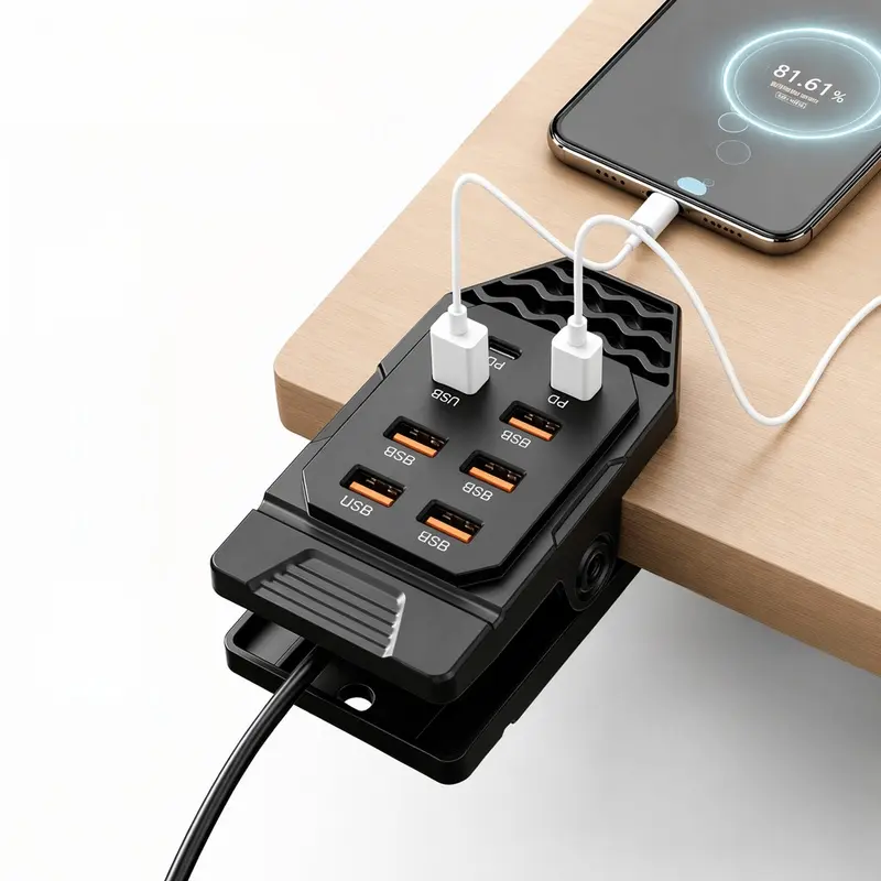 1 US-standard 8-port clip-on USB charging hub, Usb port extender, featuring 6 USB-A ports and 2 PD Type-C charging ports. With a one-hand desktop clamping design, it supports USB Plug and Play, and is suitable for home, office and camping scenarios