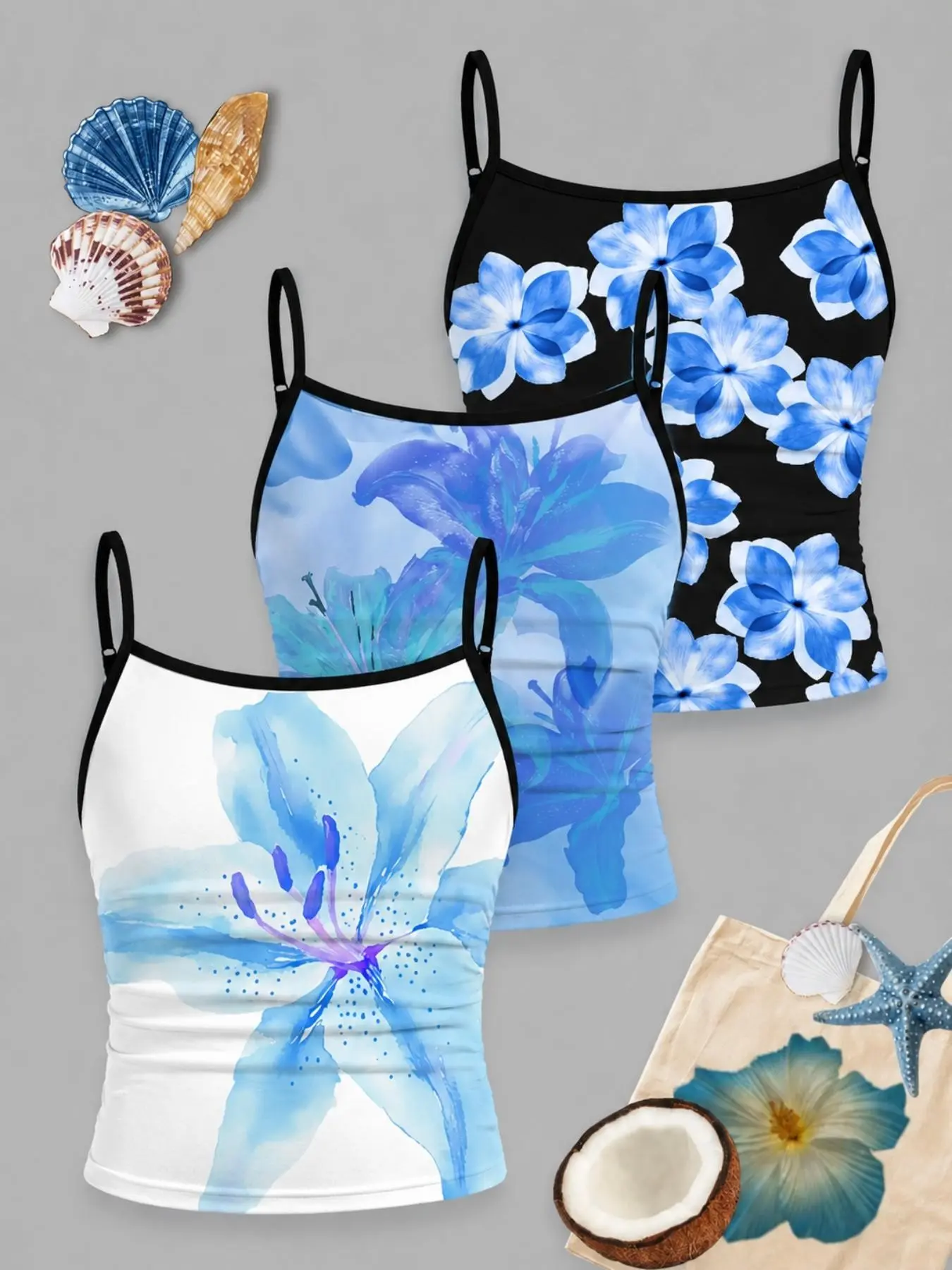 3-Pack Girls' Tropical Floral Print Tank Tops, Adjustable Thin Straps, Ruched Design, Summer Casual Vacation Wear, Ages 8-16