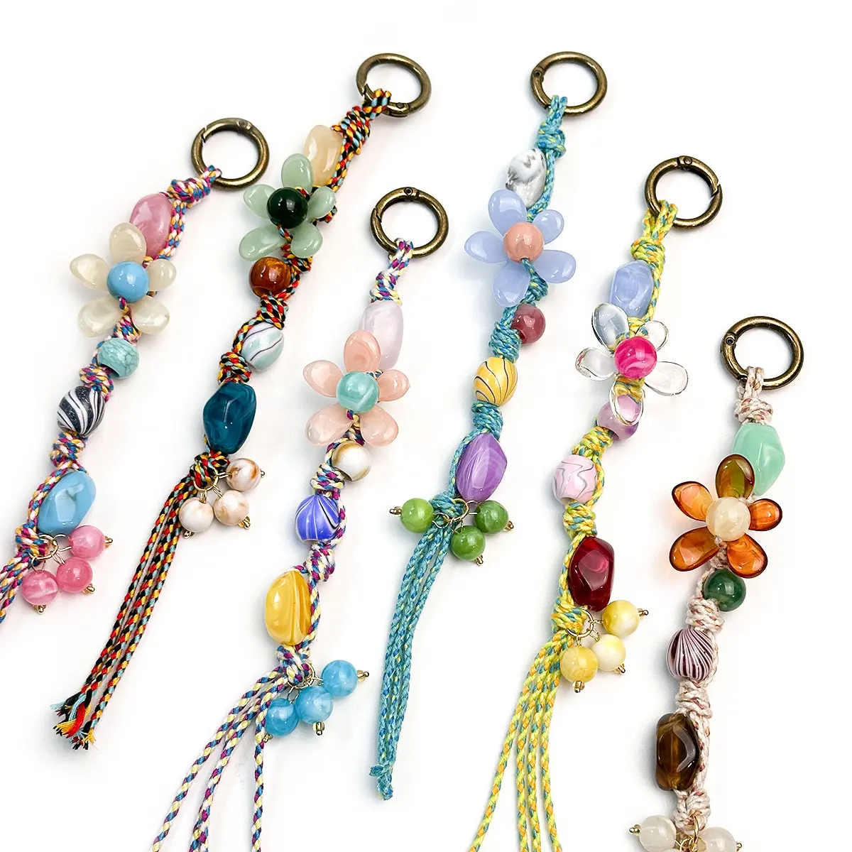 Boho Floral Bag Charm, Women's Braided Rope Keychain with Color Bead Accent, Antique Bronze Look Carabiner for Purses & Backpacks, Vintage, Casual, No, Backpack, Purse Bag, Braided Keychain, Antique Bronze Carabiner, Female Bag Accessory, Carabiner Ring