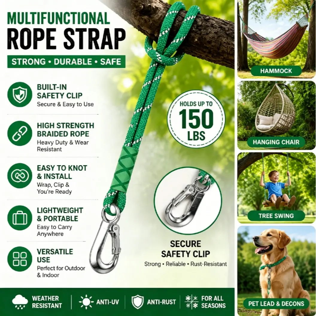 Professional Multi-Functional Braided Rope Cord, High-Strength Durable, Weather Resistant Rope with Safety Clip, Easy Installation, Ideal for Outdoor Hammocks, Tree Swing, Pet Decor