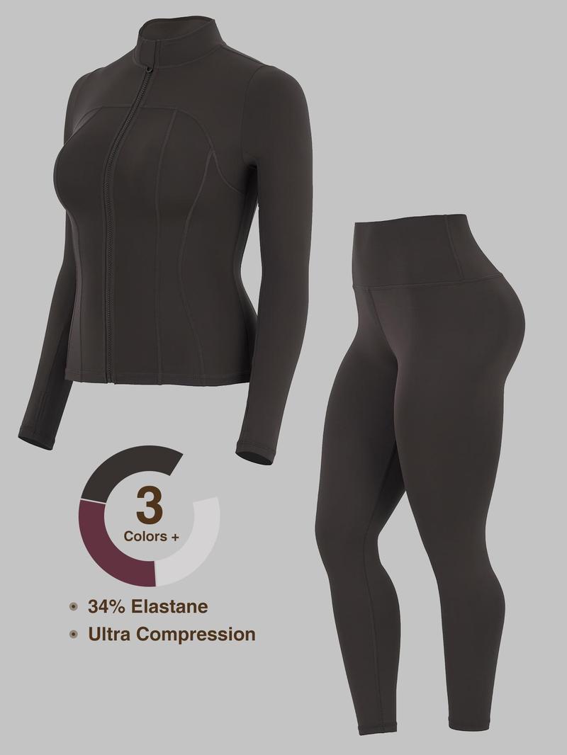 Women's Solid Zip Up Jacket & High Waist Leggings Tracksuit Set, Sporty Breathable Comfy Outfits for Yoga Gym Workout Running, Ladies Sportswear for All Seasons and Outdoor Wear