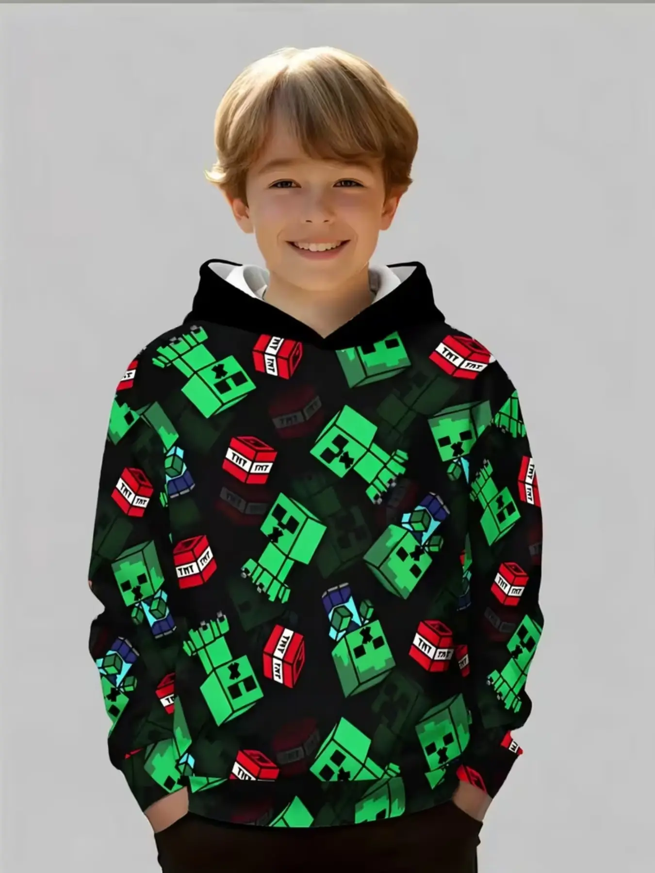 Boy Fashion Hoodie with Creeper and Tnt Print, Comfortable Fabric, Fall Winter Casual Long Sleeve, Outdoor Playwear
