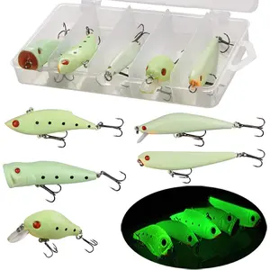 Luminous Glow In The Dark Hard Fishing Lures Kit with Tackle Box| VIB Popper Crank Minnow Pencil Baits with Treble Hooks| Multi Style Night Fishing Tackle for Freshwater Saltwater Anglers