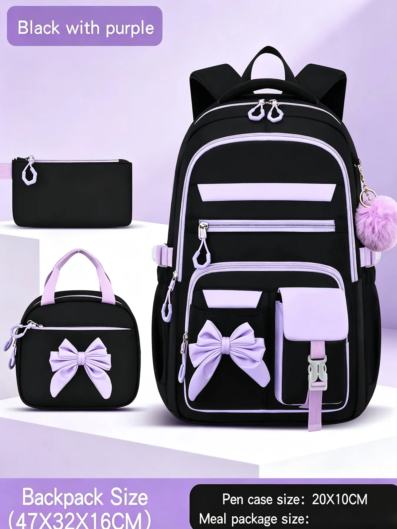 3pcs Contrast Trim Backpack Combo, Colorblock Backpack, With Handheld Meal Bag Stationery Pouch Large Bow Decor Multi-Layer Zipper Compartments Padded Adjustable Straps Large Capacity for Campus Study, Daily Commute & Weekend Trips