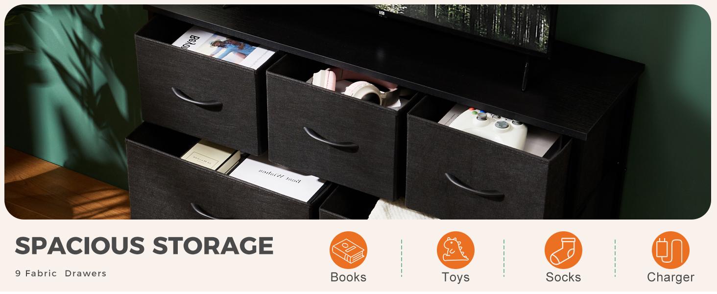Dresser for Bedroom with 9 Drawers, Anti-Tip Tall Fabric Chests Storage Organizer Tower Furniture with Wooden Top Metal Frame for Clothes, Closet, Living Room, Hallway, Entryway
