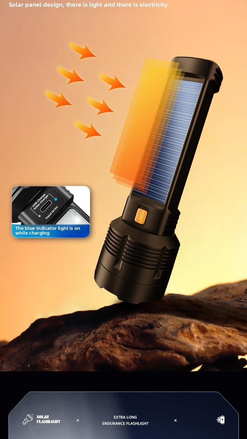 Solar Powered Flashlight, High Brightness Long Range Rechargeable Portable Torch, Concentrated Light for Camping Hiking Emergency