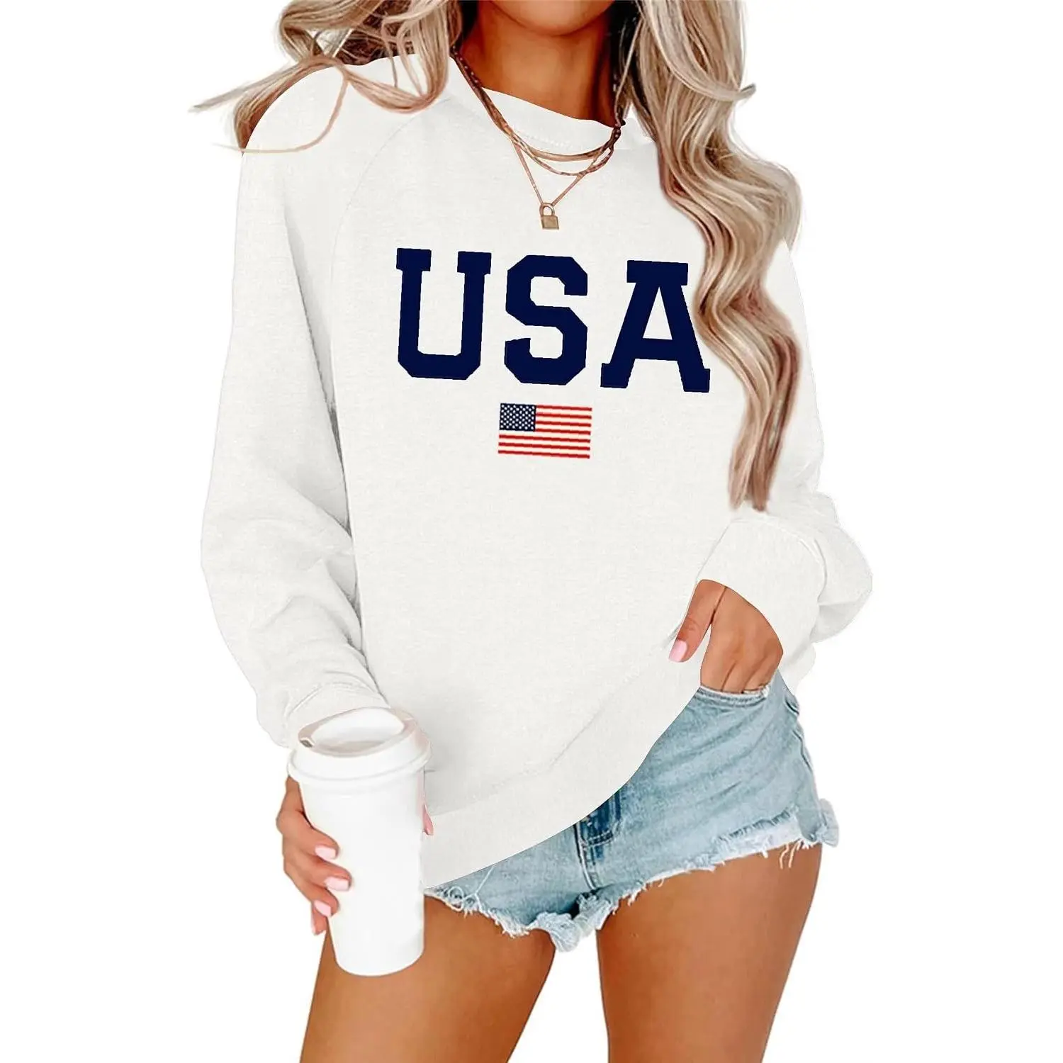 Women's USA Flag Graphic Sweater - Polyester Knit Crew Neck, Long Sleeve, Loose Fit Casual Pullover Garment