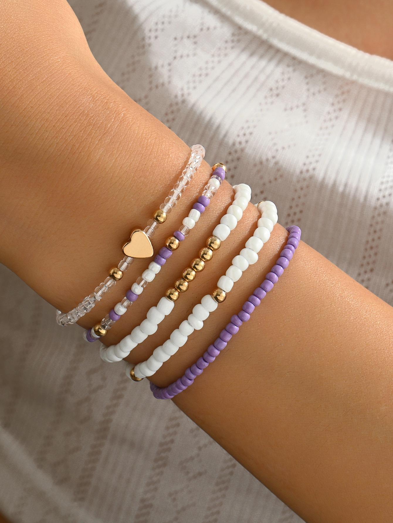 Fashion Metal Heart Beads Bracelet with Multi-color Youth Style Five-Set String Necklace for Women