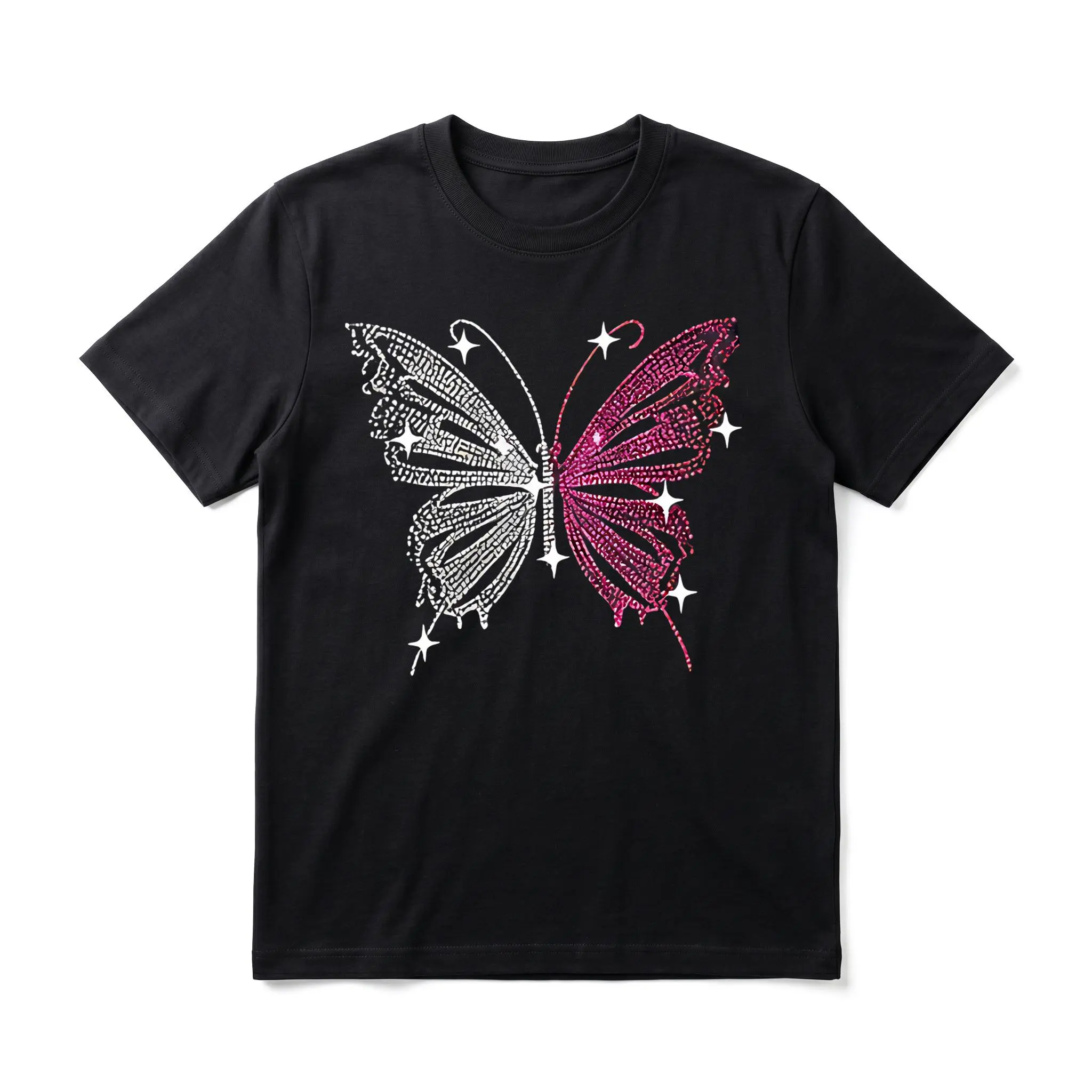 Rhinestone Butterfly Men's Graphic TShirt, 100% Cotton Short Sleeve Soft Top, Y2K Bold Typography Graphic Print Design, for Daily Wear, Streetwear, Vacation, Birthday Gift, Gift for Men, Women and Friends