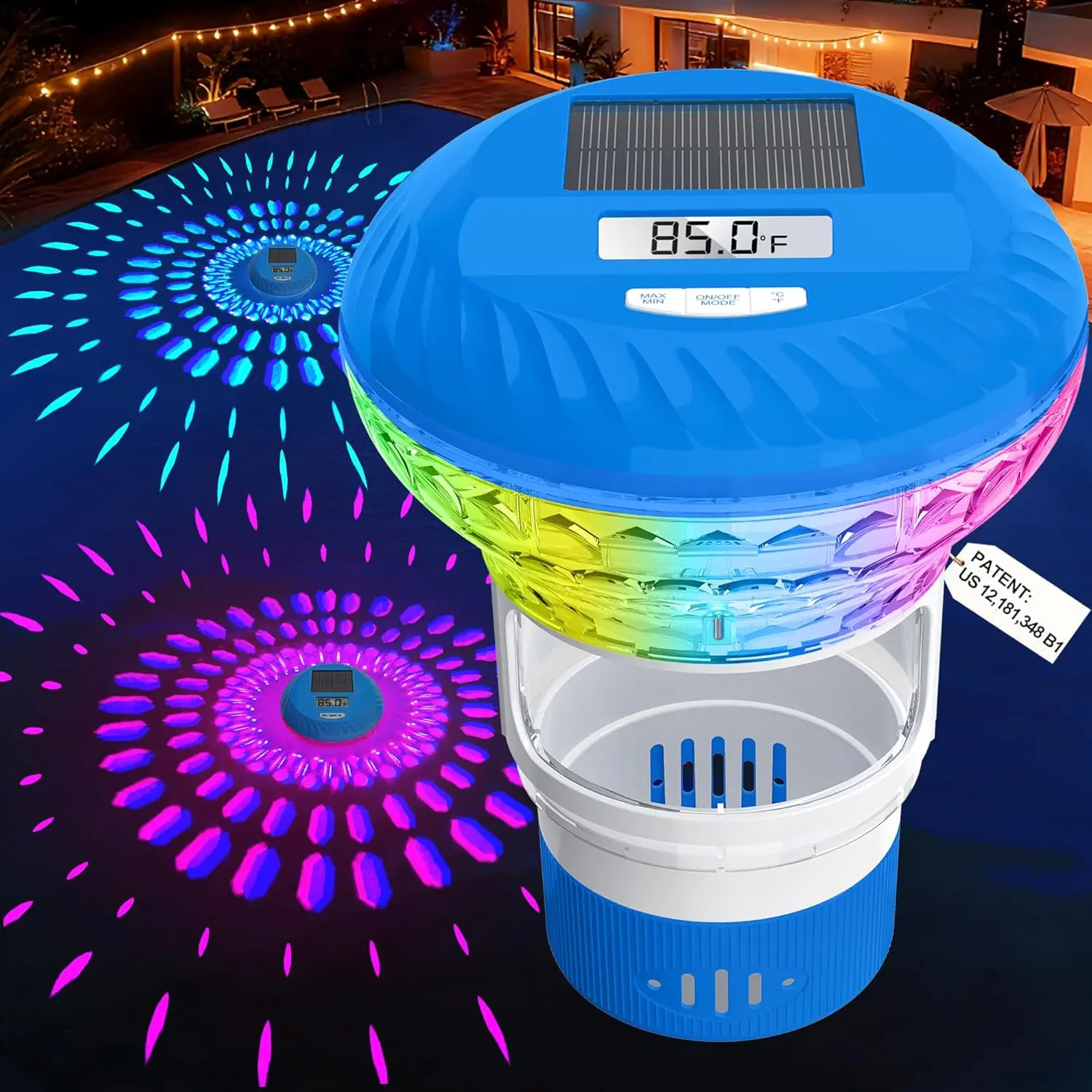 2026 Upgraded Pool Chlorine Floater with Thermometer, Digital Screen Pool Chlorine Floater,Solar Pool Chlorine Floaters with Light, Button Control Floating Chlorine Dispenser for Pool (Blue)