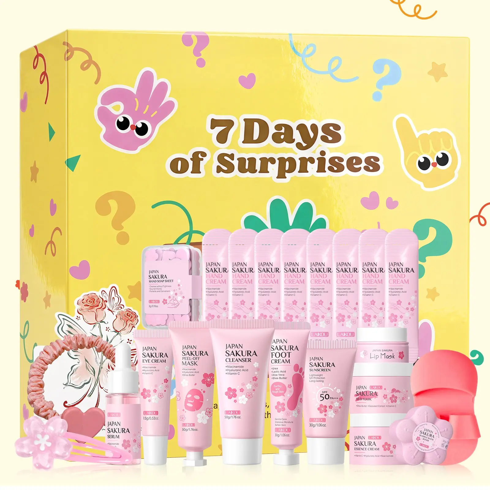 Luxury Birthday Gift Set for Women - LAIKOU 17Pcs Sakura Pink Aesthetic Face, Body & Bath Spa Box - 7-Day Countdown Calendar with Serum, Cleanser, Bubble Bath Bomb, Mud Mask & Hand Cream - Includes 3D Butterfly Card & Hair Clips