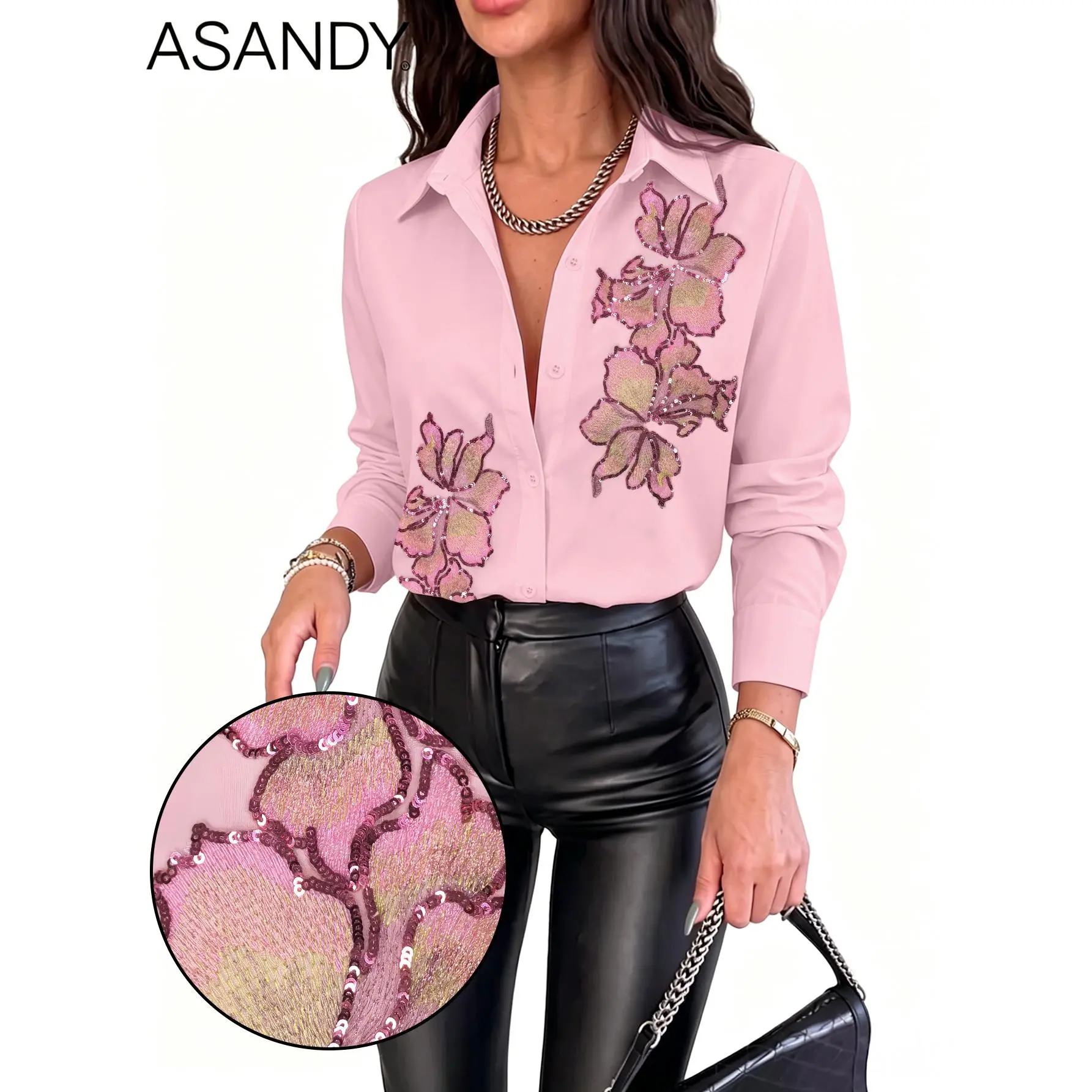 ASANDY Women Soft Pink Satin Collared Shirt, Asymmetrical Gradient Hibiscus Sequin Floral Embroidery Long Sleeve Button Down Blouse, Elegant Feminine Office Brunch Statement Top