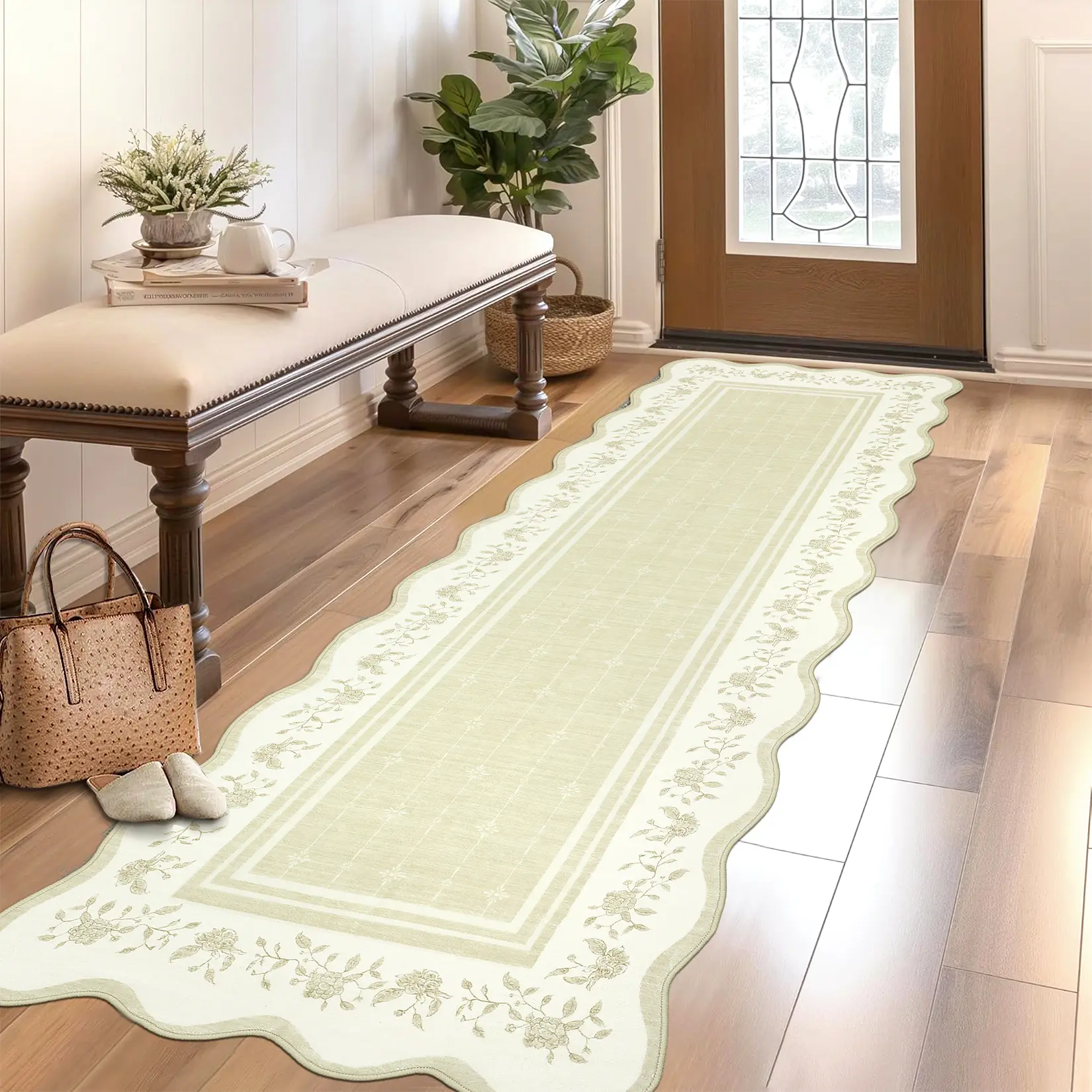 Minimalist Washable Scalloped Edge Runner Rug - Modern, Non-Slip, Collapsible, Low Pile, Soft, Durable, Mark-Resistant Carpet - 2x6ft Size, for Hallways, Entryway Decor - Ivory (61x183cm), Single Rug, House Decor Rug, Indoor Floor Rug