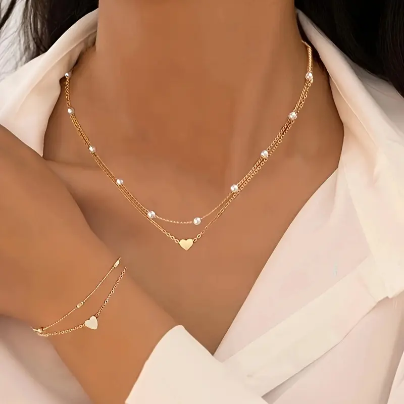 Women's High-End Double Layer Heart Shape Jewelry Set - 2-Piece Matching Sets with Necklace & Bracelet, Adhesive Resin, Viral Look, Daily Wear Stackable European American Accessories for Bulk Wholesale