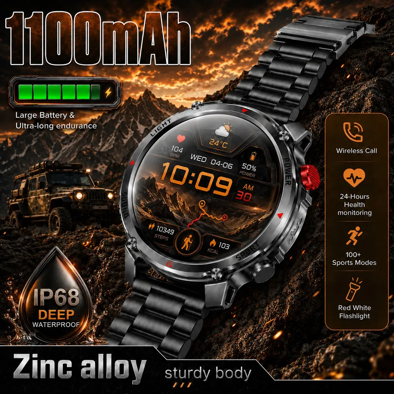 2026 new 1100mah large battery outdoor smart watch, LED flashlight and compass sports watch, wireless call, voice assistant, 100+ sports mode, fitness exercise/sleep tracking, long standby, rugged IP68 waterproof fitness watch for iPhone and Android