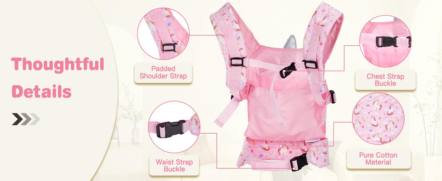 Baby Doll Carrier, Front and Back Doll Accessories Carrier for Little Girls, with Adjustable Straps for Stuffed Animal Reborn Baby Doll, Pink Unicorn