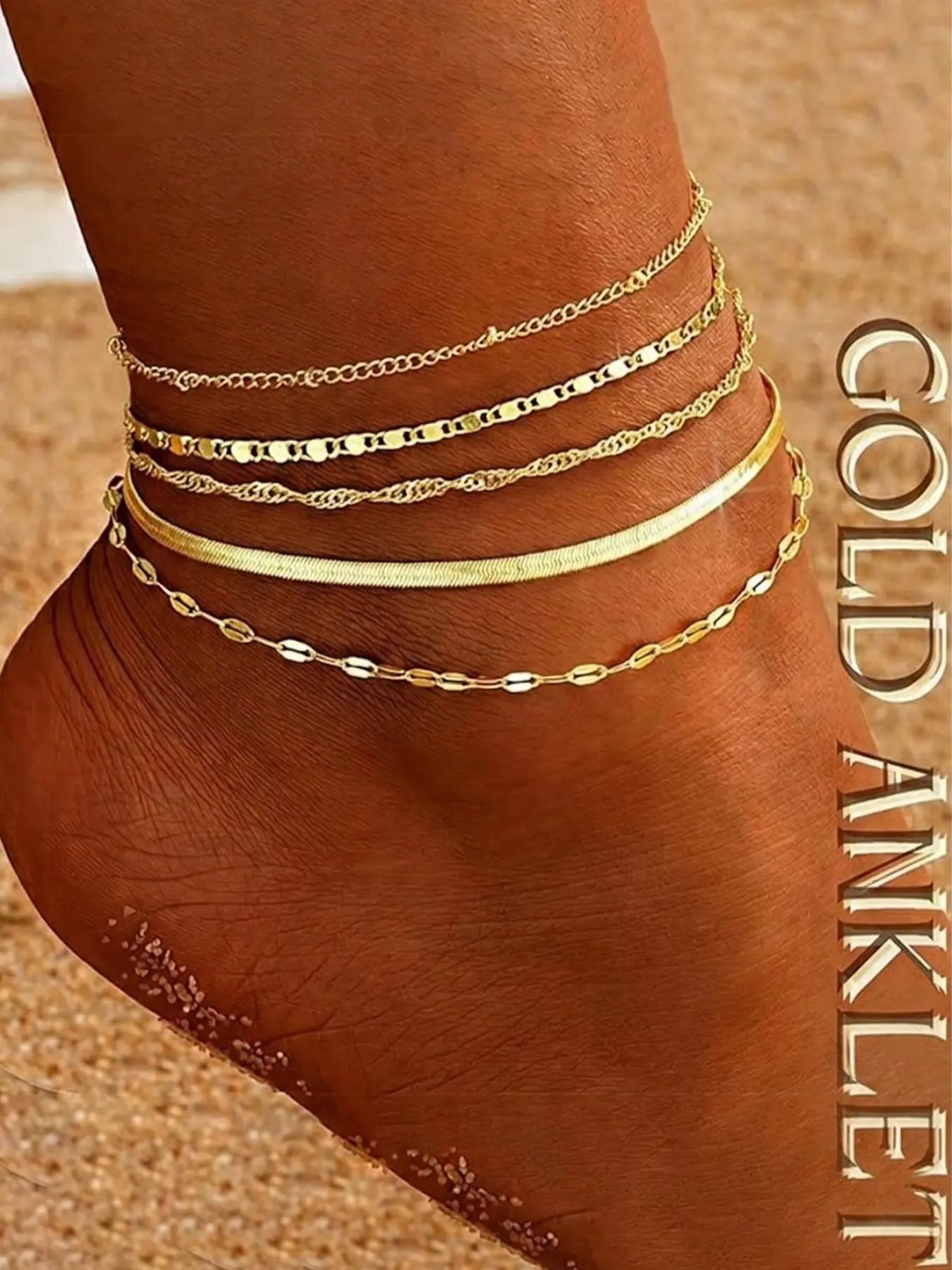5pcs/Set Gold Multilayer Bohemian Style Snake Chain & Lotus Chain Anklet Bracelet Set, Adjustable Summer Beach Jewelry