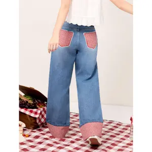 Cider Washed Denim Gingham Wide Leg Oversized Cropped Jeans
