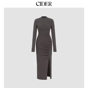 Cider [size 0-26] Rib Knit Stand Collar Asymmetrical Split Midi Dress Dealsforyou