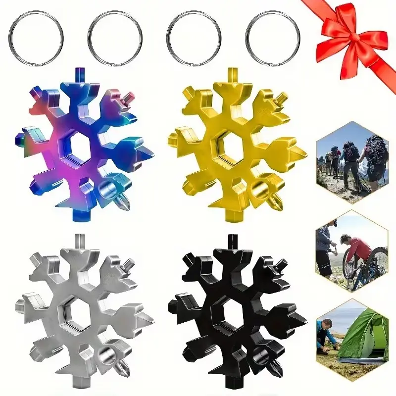 2pcs 18-in-1 Snowflake Multi-Tool, Portable Keychain Wrench, Multi Purpose Screwdriver & Bottle Opener, Pocket Survival Gadget for Camping Hiking & Daily Outdoor Activities