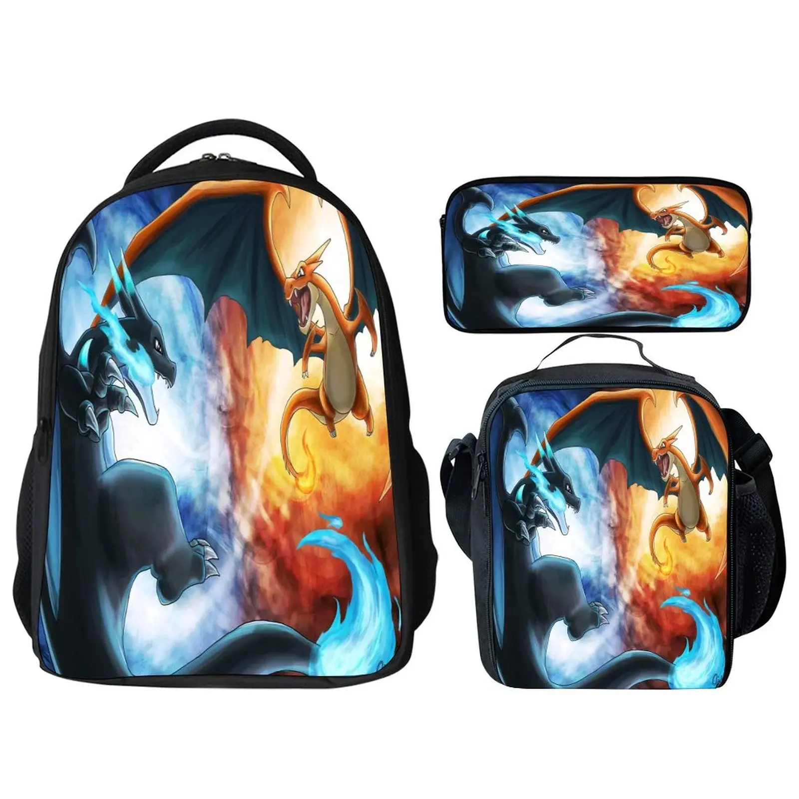 Unisex 3-in-1 Backpack Set Pack, Dragon Battle Anime Print Waterproof Oxford Cloth Bag with Zipper, Lightweight Expandable Organizer for School/Work & Travel