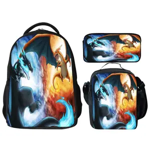 Dragon Battle Anime Print Backpack 3-Piece Set, Water-Resistant Lightweight Daypack with Insulated Lunch Bag & Pencil Case, Multi-Pocket Daily Commute & Library Bag