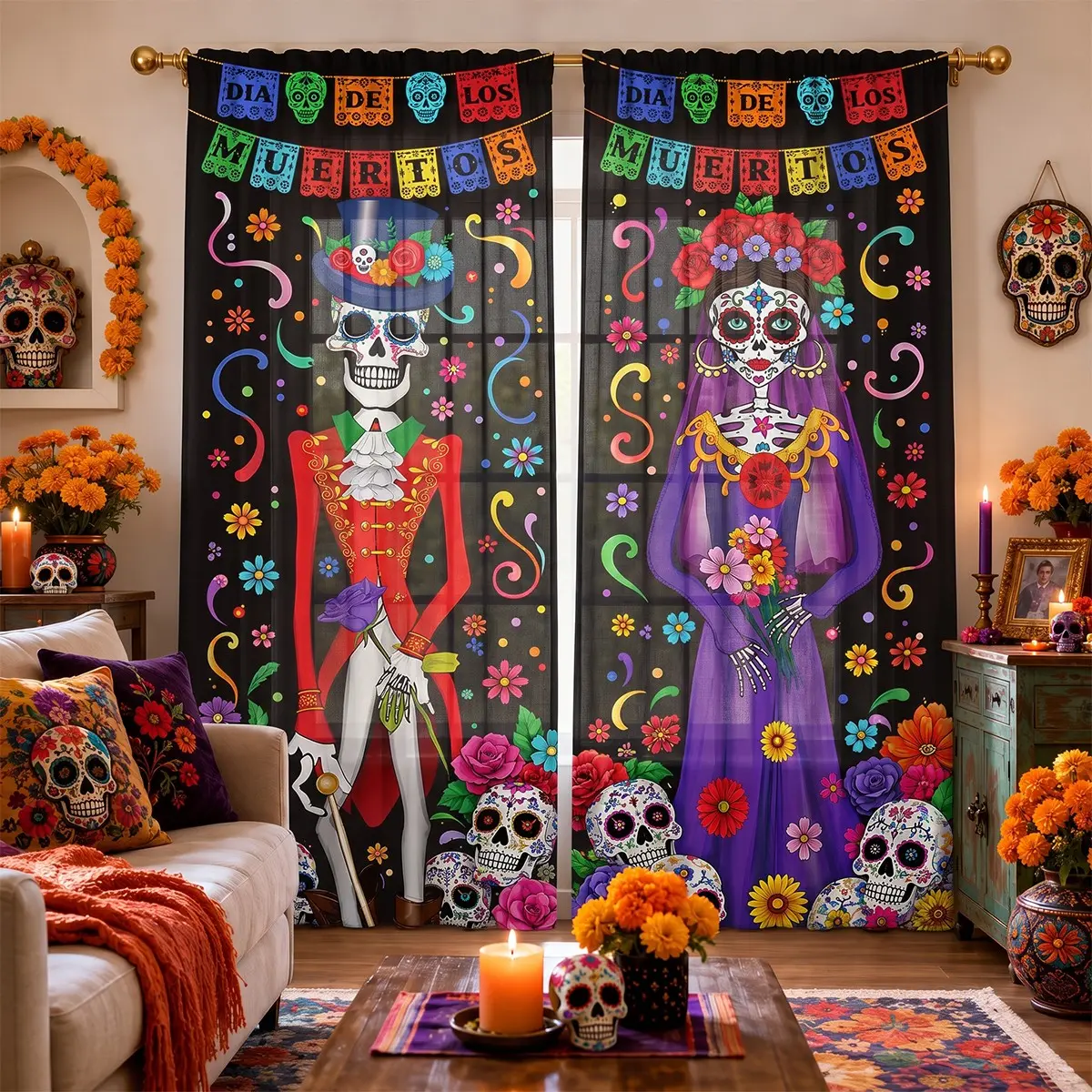 2pcs Black semi-blackout curtains with Mexican Day of the Dead couple skull print, colorful marigold banner, folk floral ethnic style fabric curtains, made of polyester, suitable for bedrooms, kitchens, studies, cafes, etc.